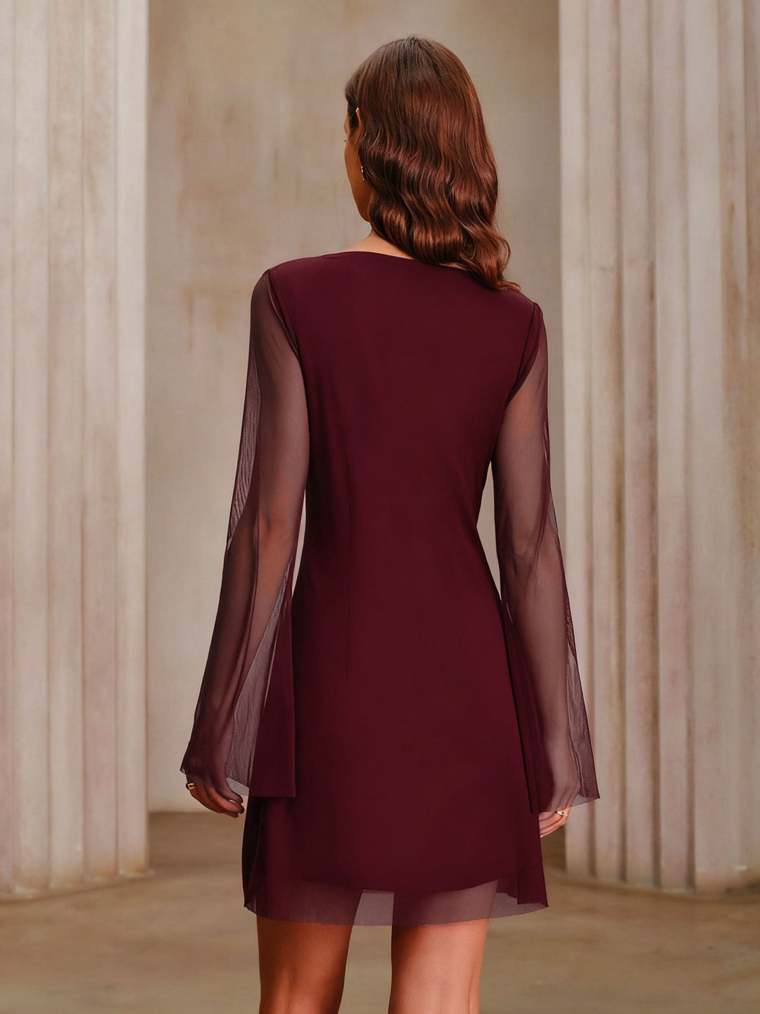 Robe Mini en Maille Rouge Vin à Col Bateau