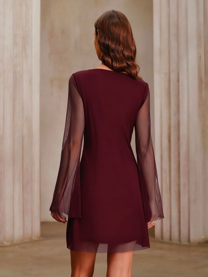 Robe Mini en Maille Rouge Vin à Col Bateau