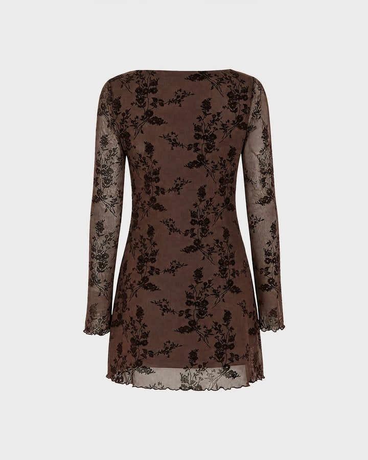 Robe Mini en Maille Florale à Col Bateau