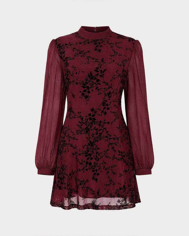 Robe Mini Florale à Col Montant Rouge Vin