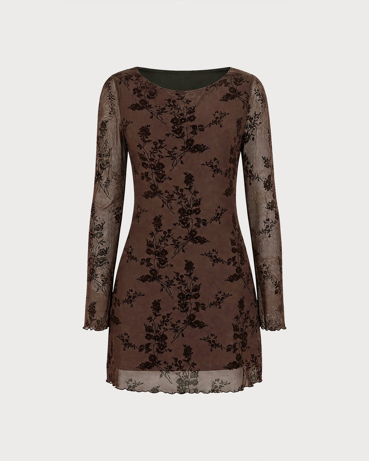 Robe Mini en Maille Florale à Col Bateau