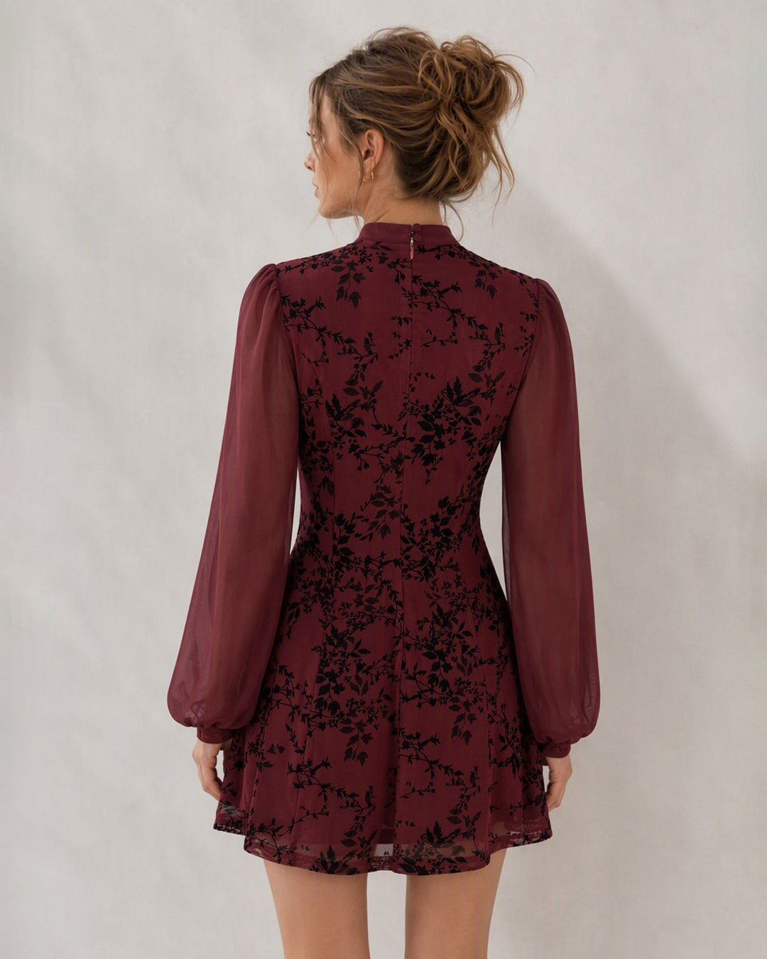 Robe Mini Florale à Col Montant Rouge Vin