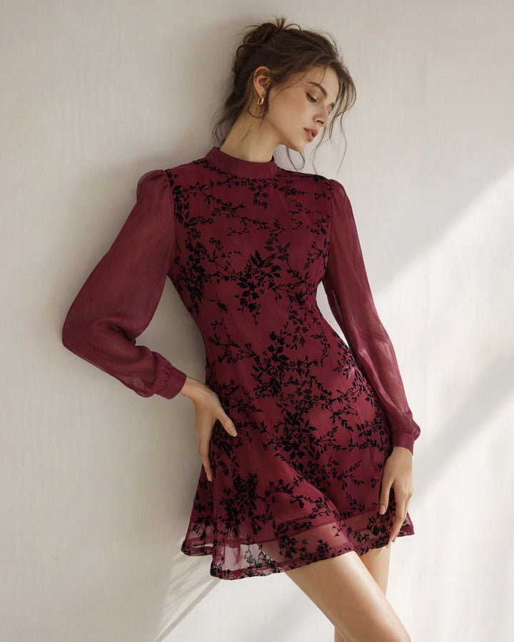 Robe Mini Florale à Col Montant Rouge Vin