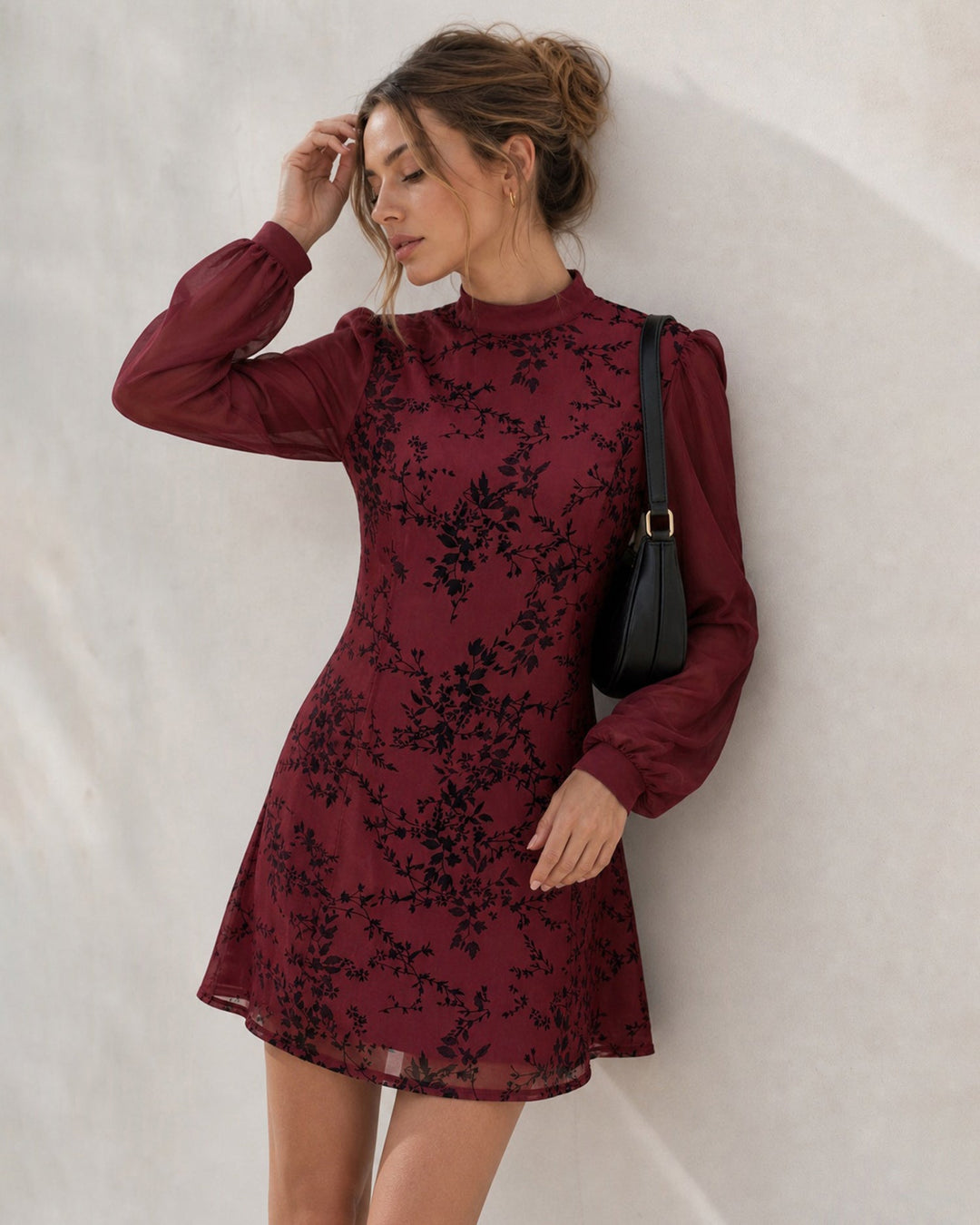 Robe Mini Florale à Col Montant Rouge Vin