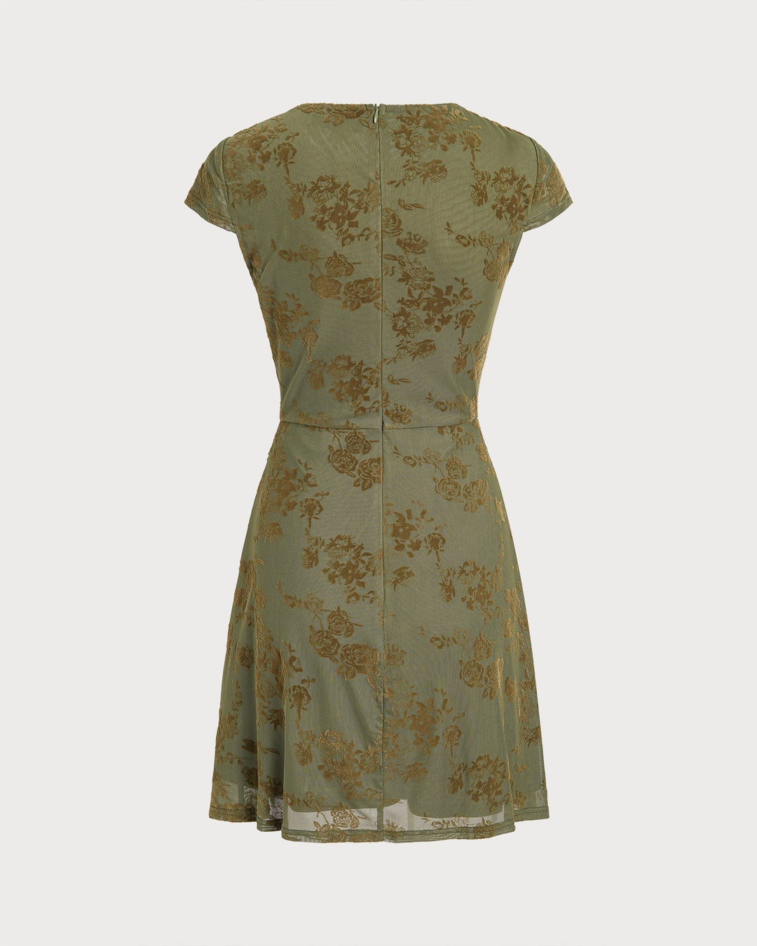 Robe Mini en Tulle Floral Vert Froncé