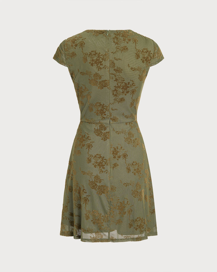Robe Mini en Tulle Floral Vert Froncé