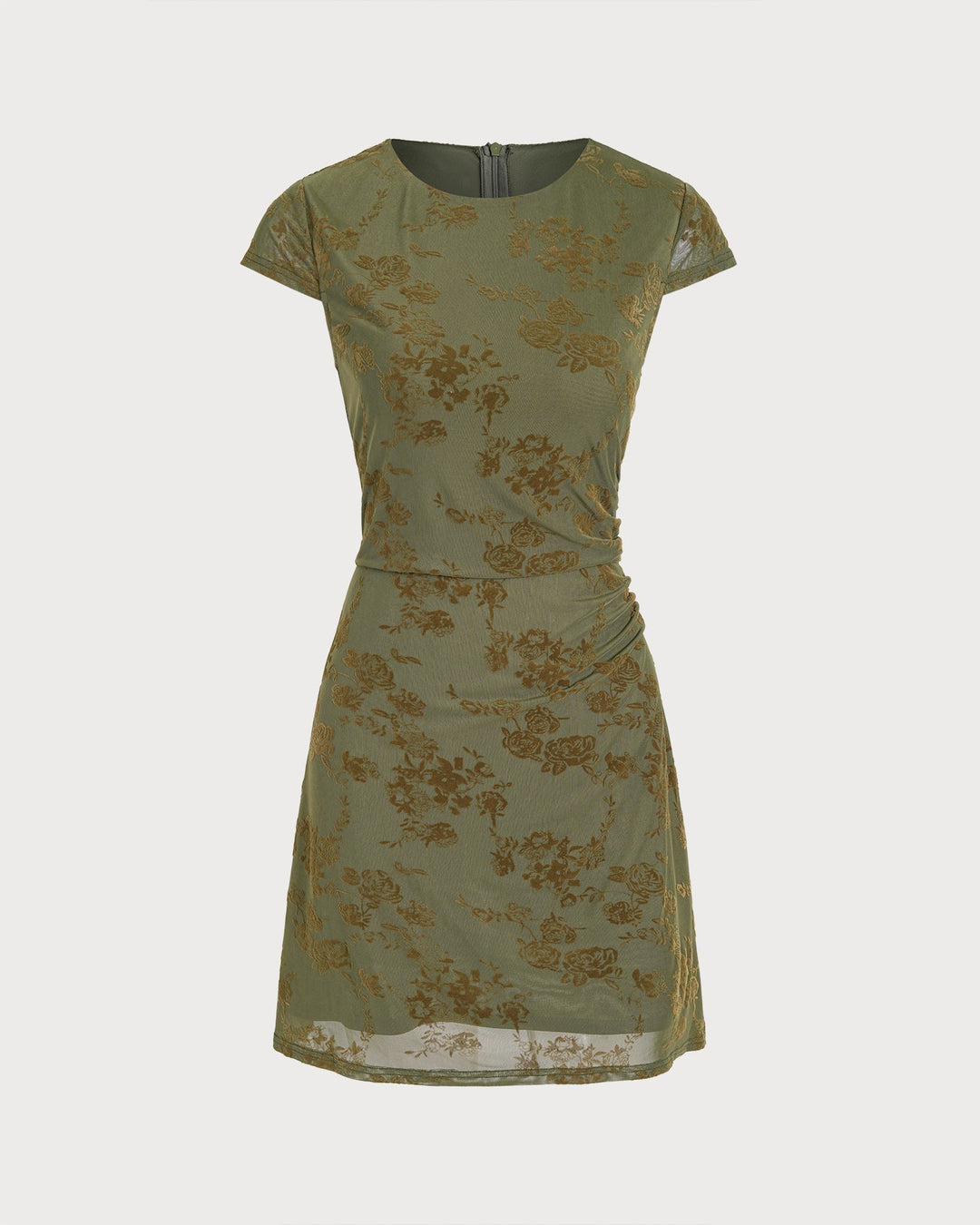 Robe Mini en Tulle Floral Vert Froncé