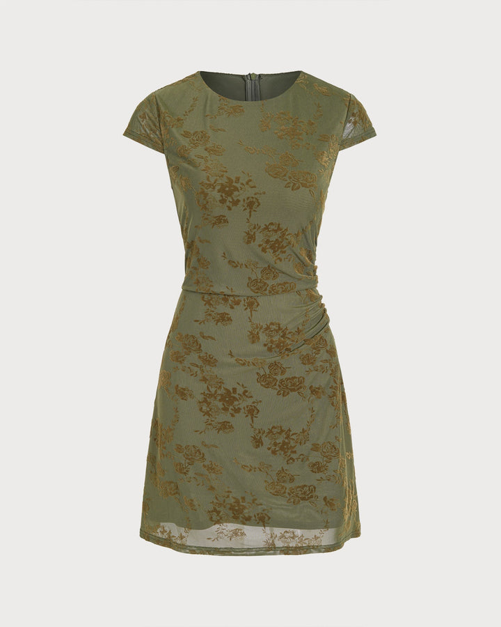 Robe Mini en Tulle Floral Vert Froncé