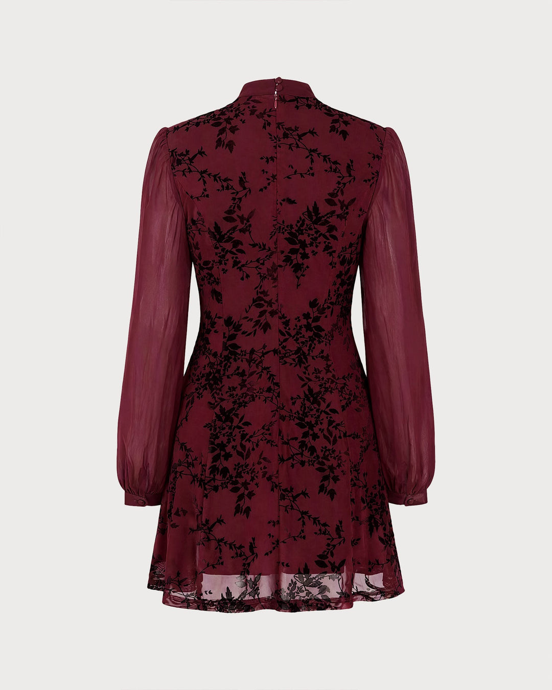 Robe Mini Florale à Col Montant Rouge Vin