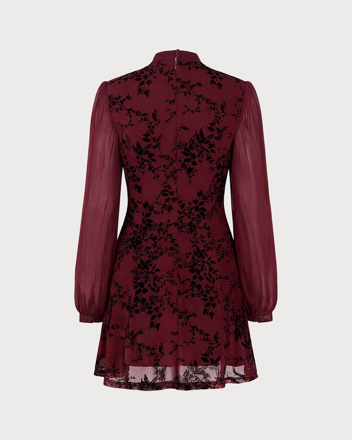Robe Mini Florale à Col Montant Rouge Vin