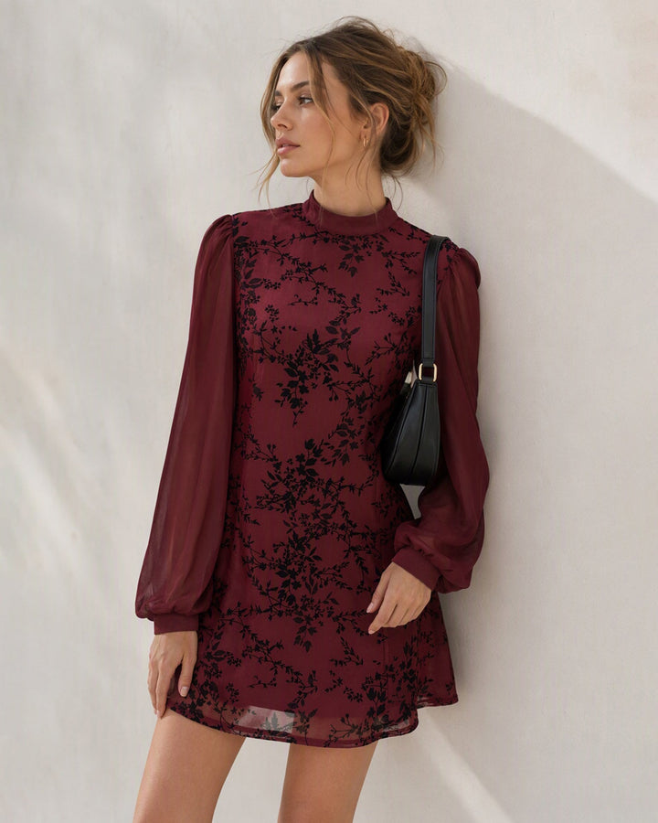 Robe Mini Florale à Col Montant Rouge Vin