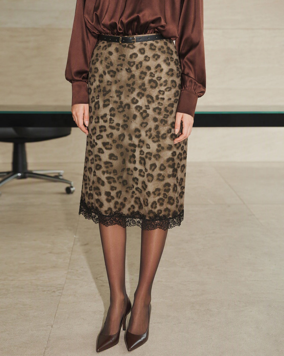 Jupe Midi Imprimé Animal avec Taille Élastique Marron