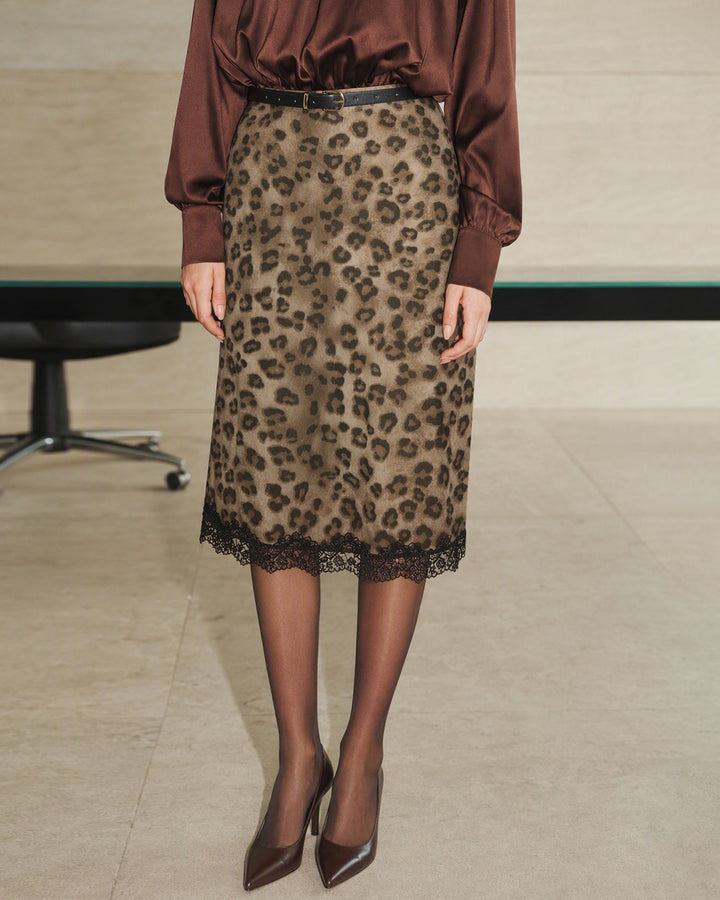 Jupe Midi Imprimé Animal avec Taille Élastique Marron