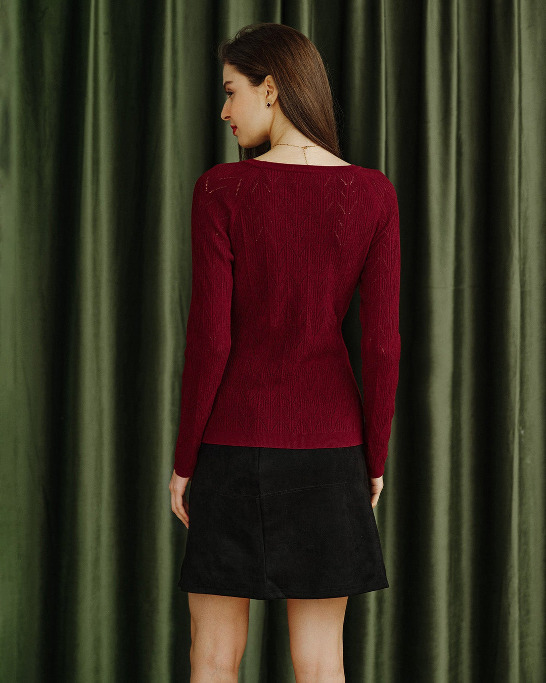 Cardigan en Viscose Tricoté Rouge Vin à Col V