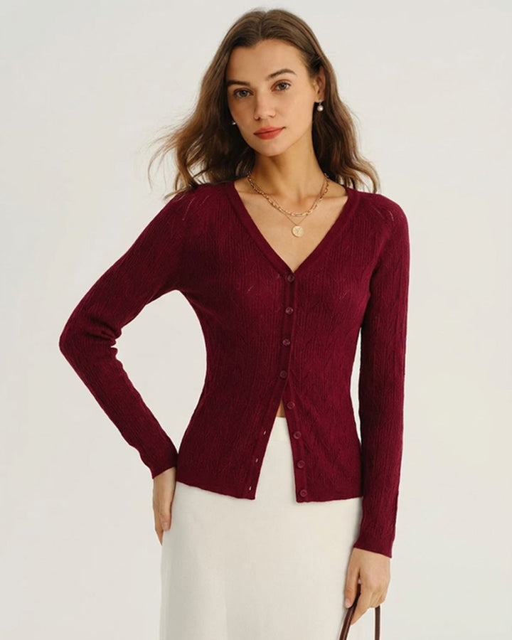 Cardigan en Viscose Tricoté Rouge Vin à Col V