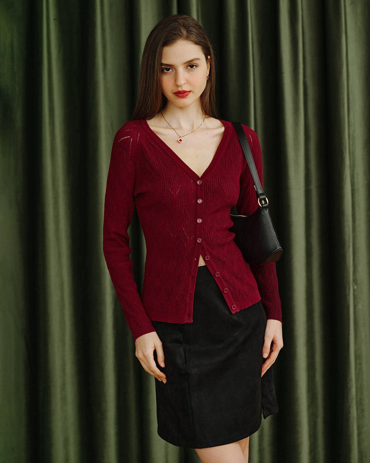 Cardigan en Viscose Tricoté Rouge Vin à Col V