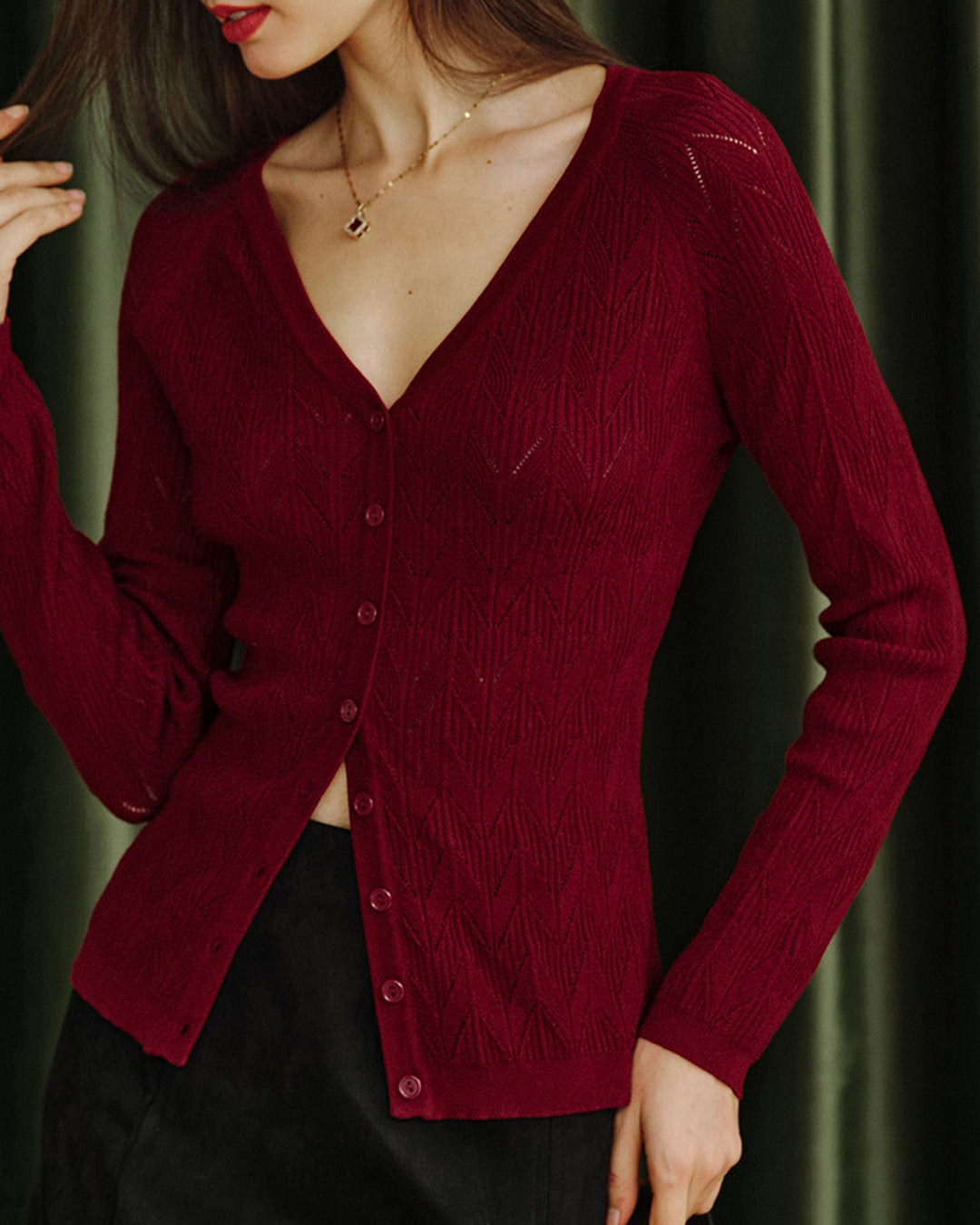Cardigan en Viscose Tricoté Rouge Vin à Col V