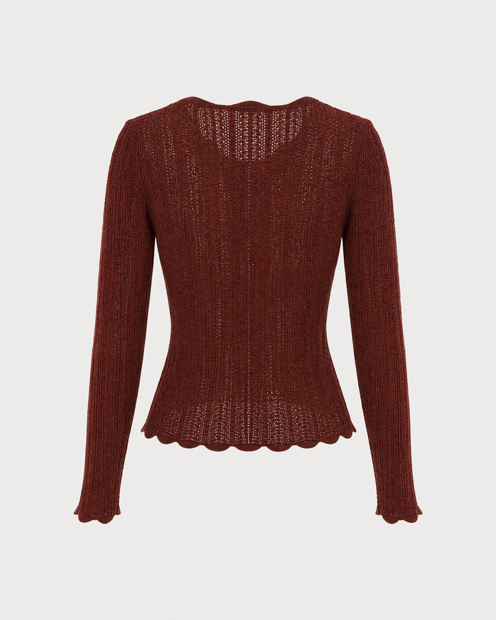 Pull en tricot à col festonné couleur café