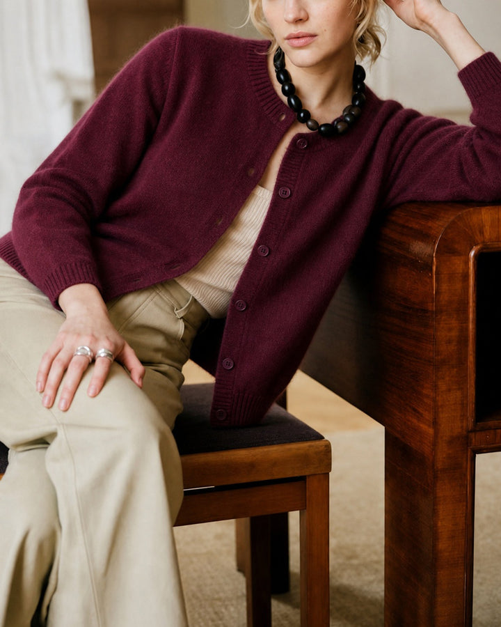 Cardigan en Tricot à Boutons à Manches Longues Rouge Vin