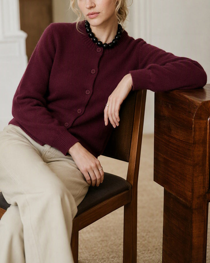 Cardigan en Tricot à Boutons à Manches Longues Rouge Vin