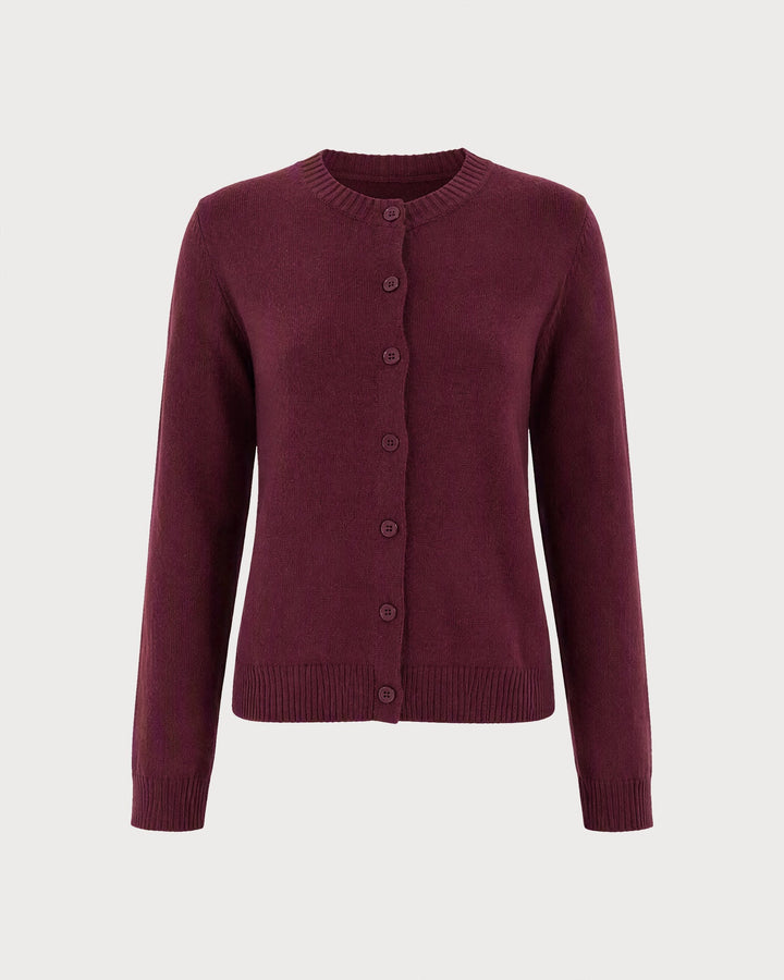Cardigan en Tricot à Boutons à Manches Longues Rouge Vin