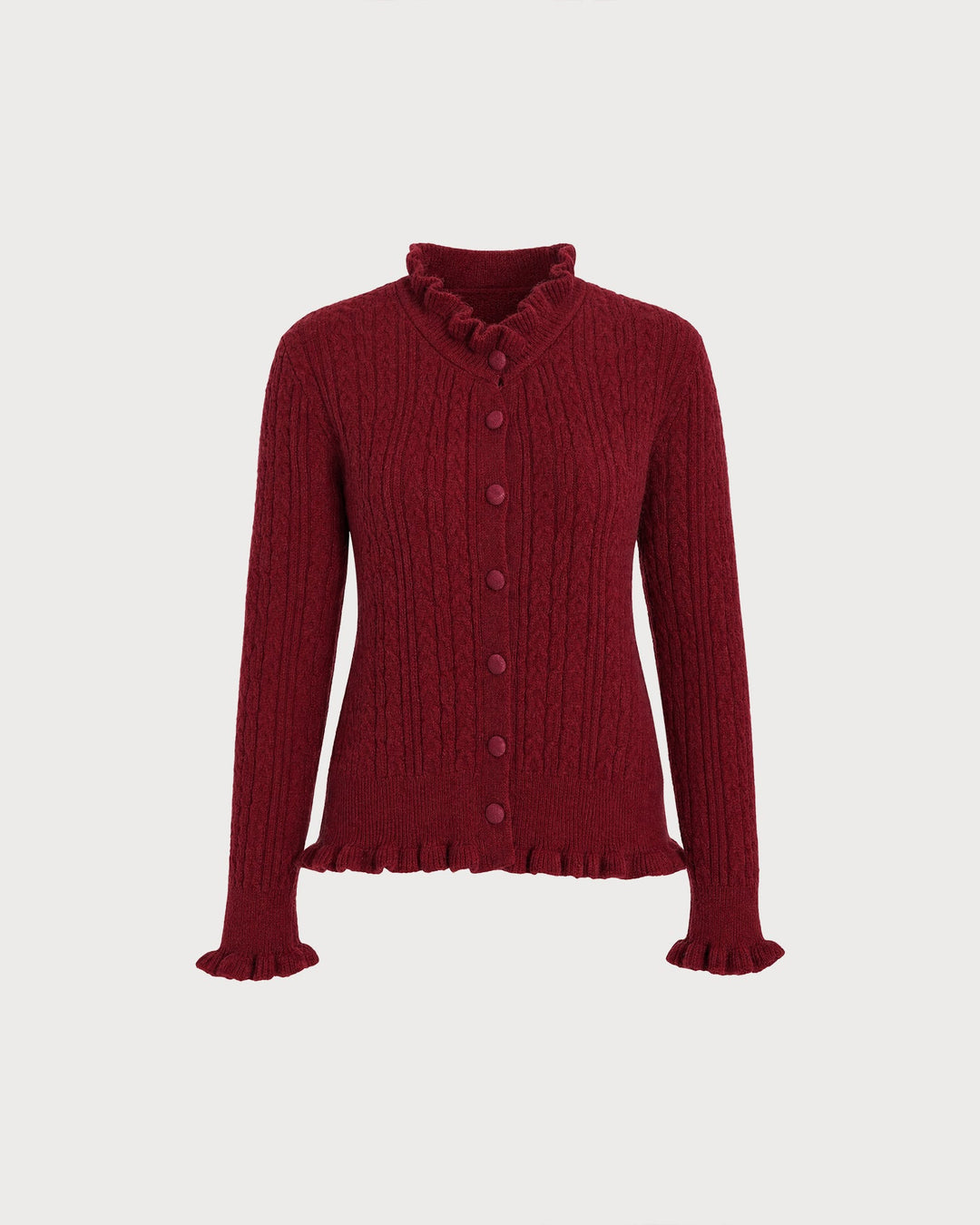 Cardigan Tricot Boutonné Volant Rouge Vin
