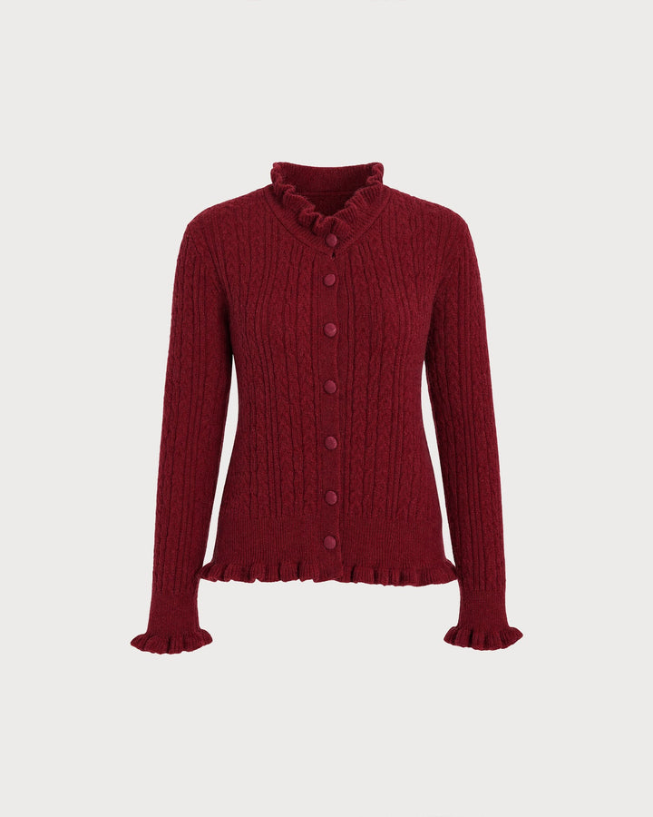 Cardigan Tricot Boutonné Volant Rouge Vin