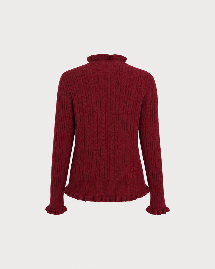 Cardigan Tricot Boutonné Volant Rouge Vin