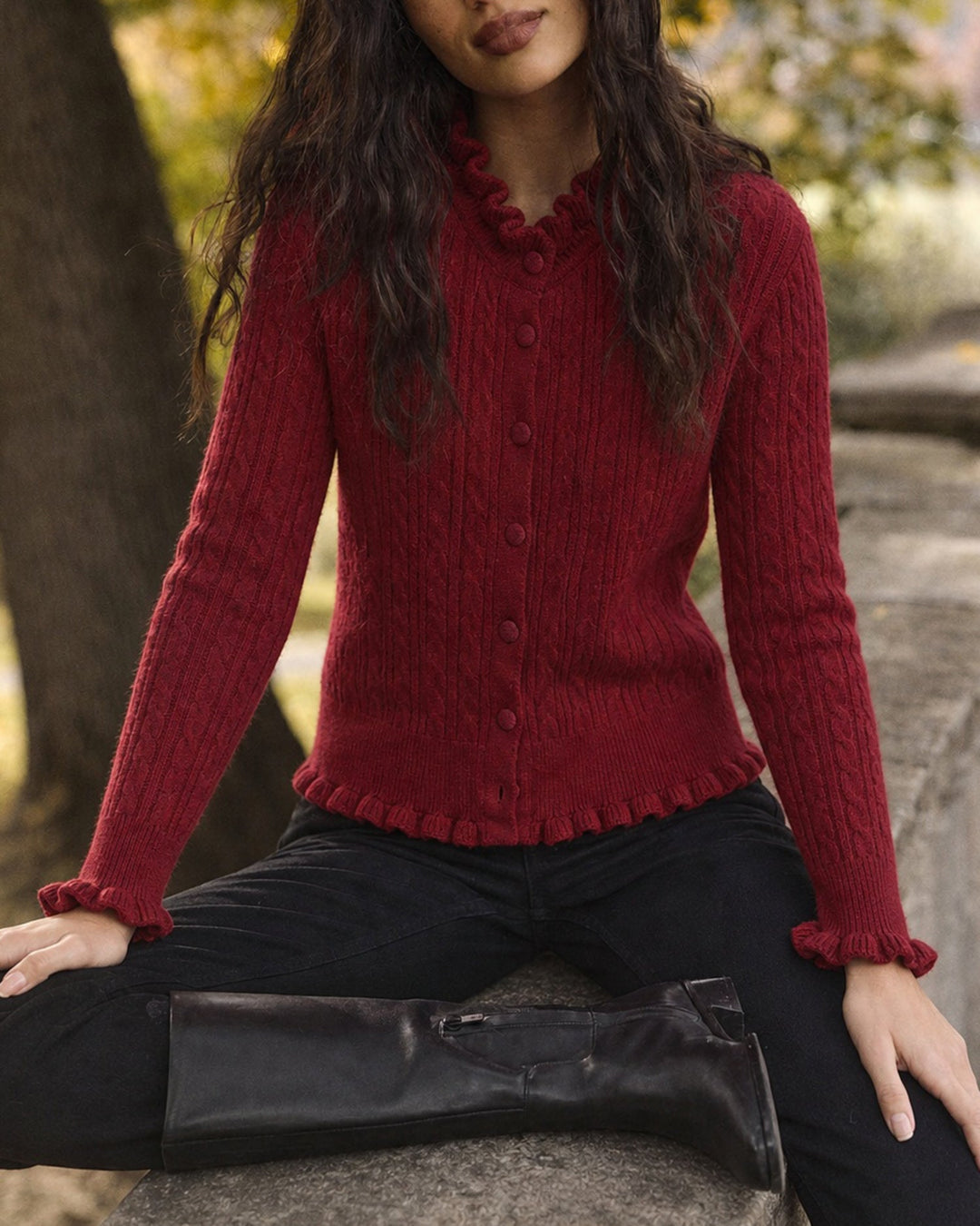 Cardigan Tricot Boutonné Volant Rouge Vin