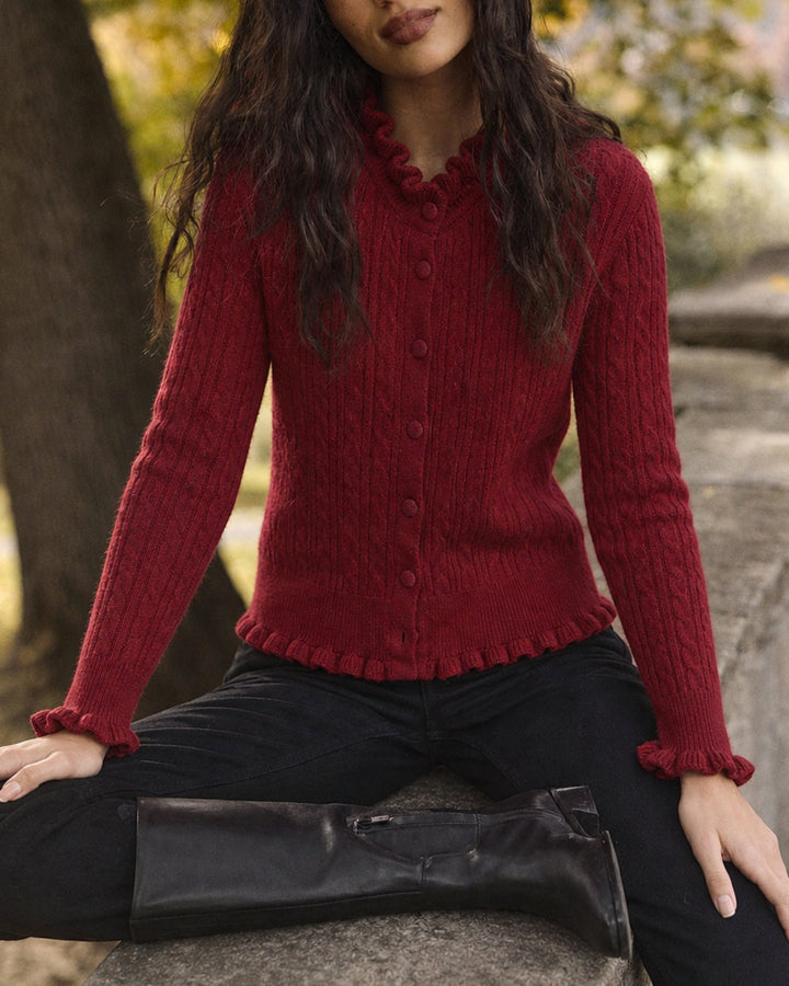 Cardigan Tricot Boutonné Volant Rouge Vin