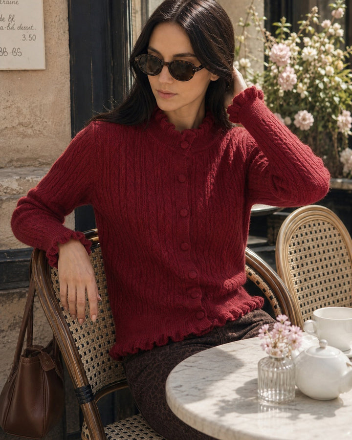 Cardigan Tricot Boutonné Volant Rouge Vin