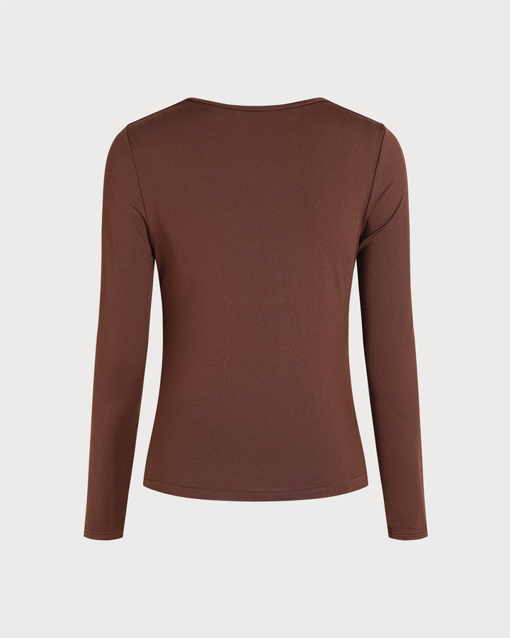 Tee-shirt Tricoté à Col Carré Ruché Marron