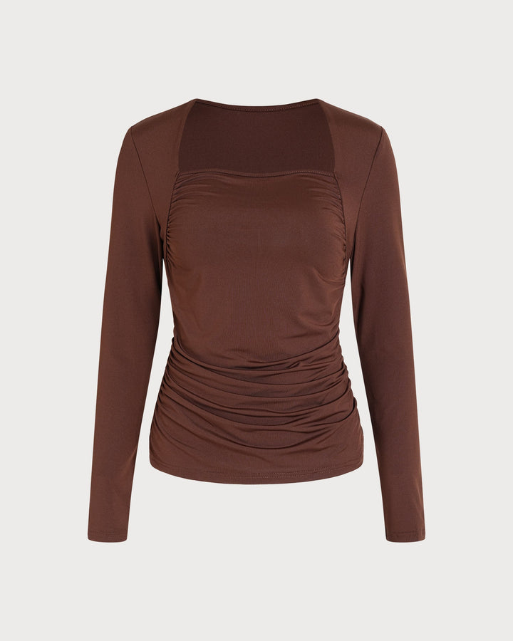 Tee-shirt Tricoté à Col Carré Ruché Marron