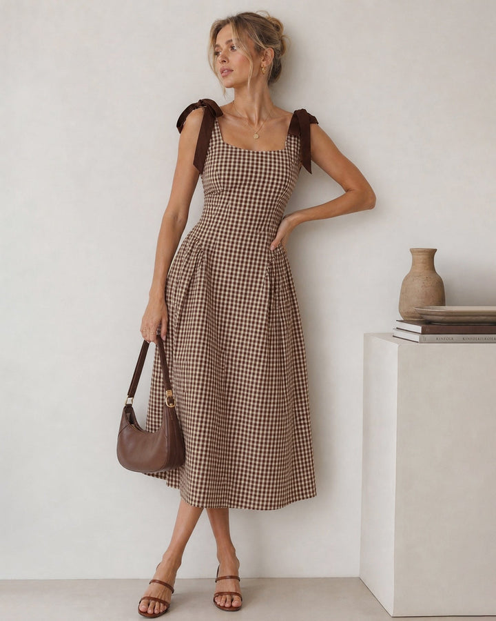 Robe Midi à Carreaux Marron Sans Manches Froncée