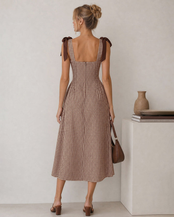 Robe Midi à Carreaux Marron Sans Manches Froncée