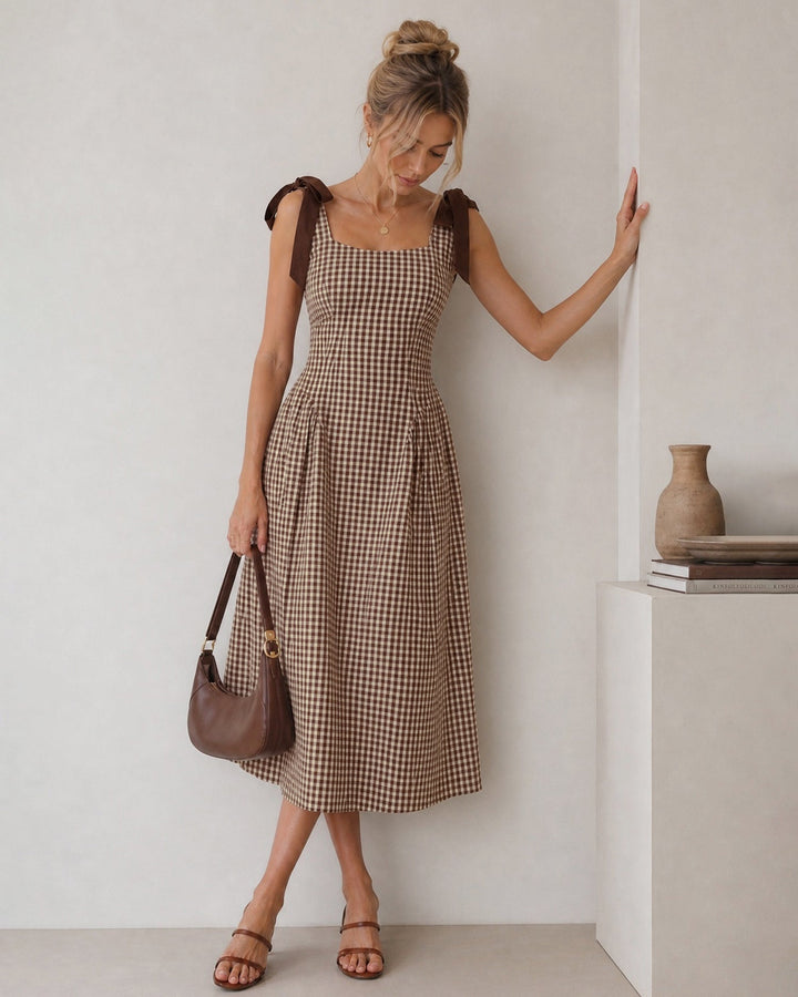 Robe Midi à Carreaux Marron Sans Manches Froncée