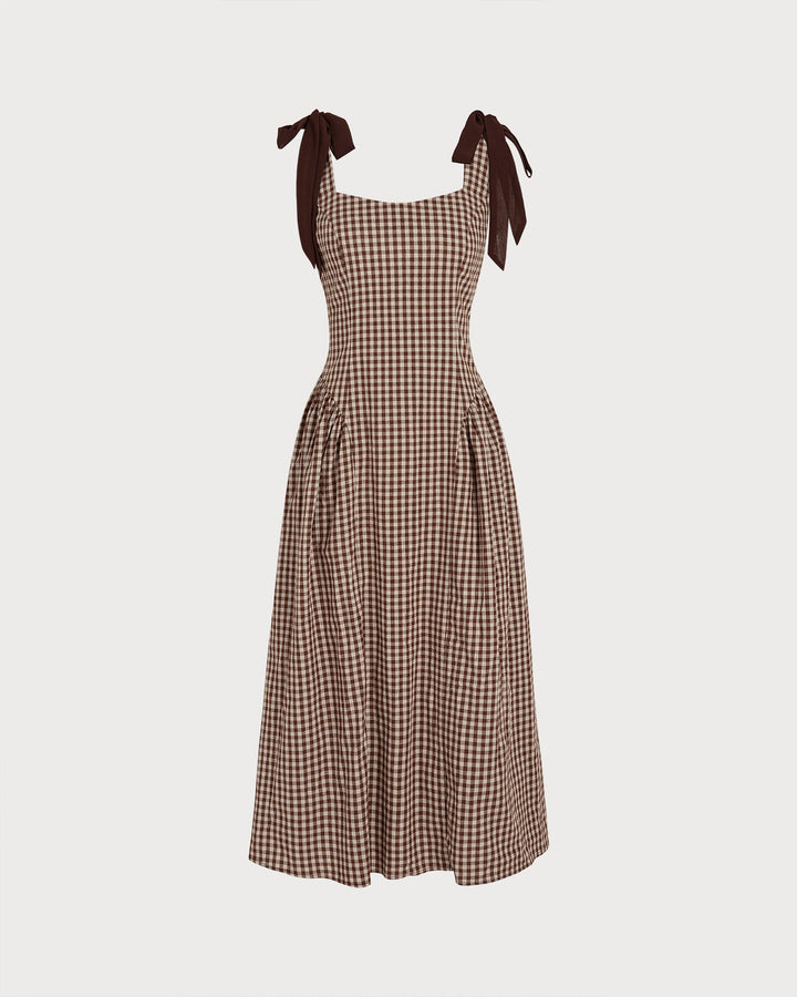 Robe Midi à Carreaux Marron Sans Manches Froncée