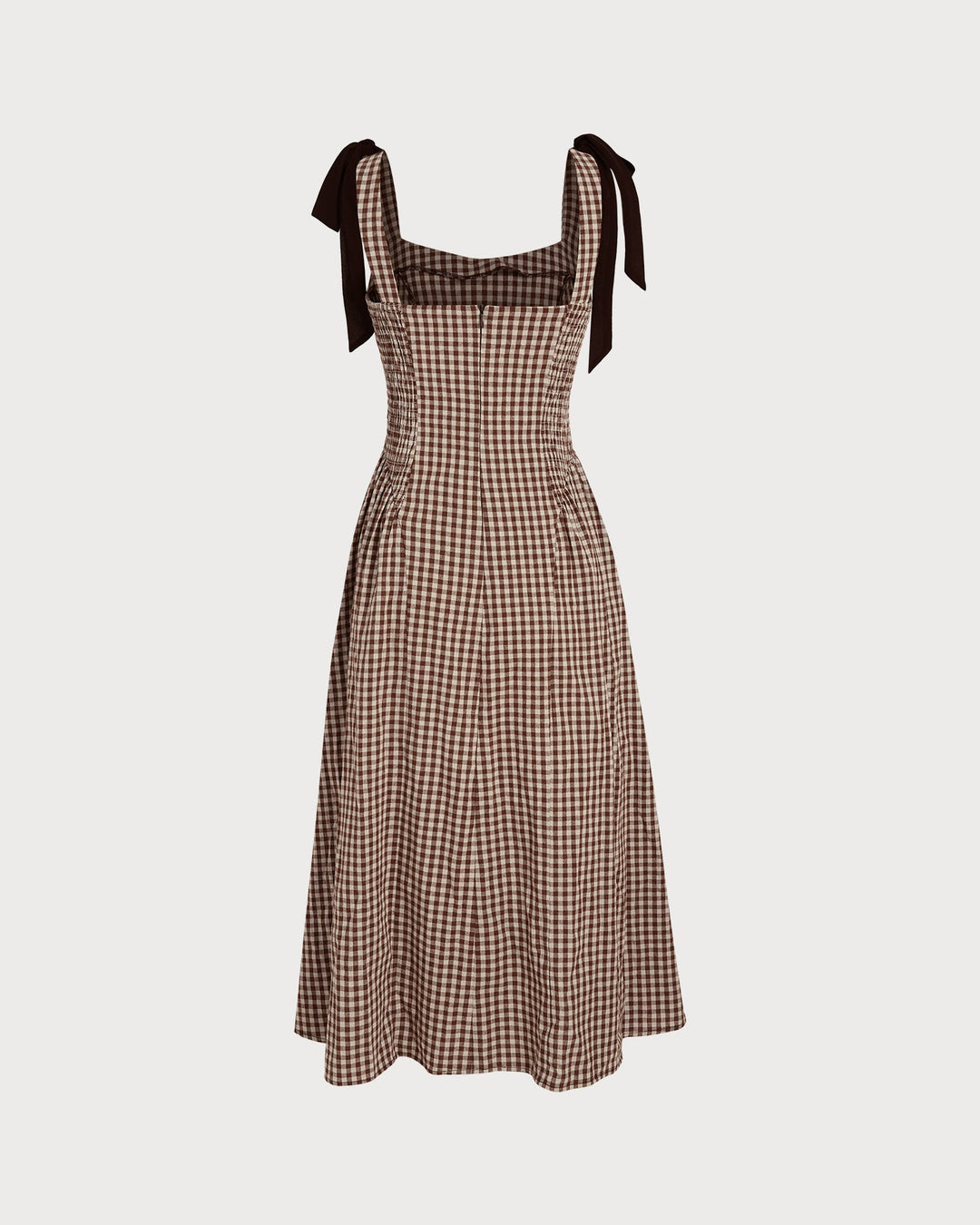 Robe Midi à Carreaux Marron Sans Manches Froncée