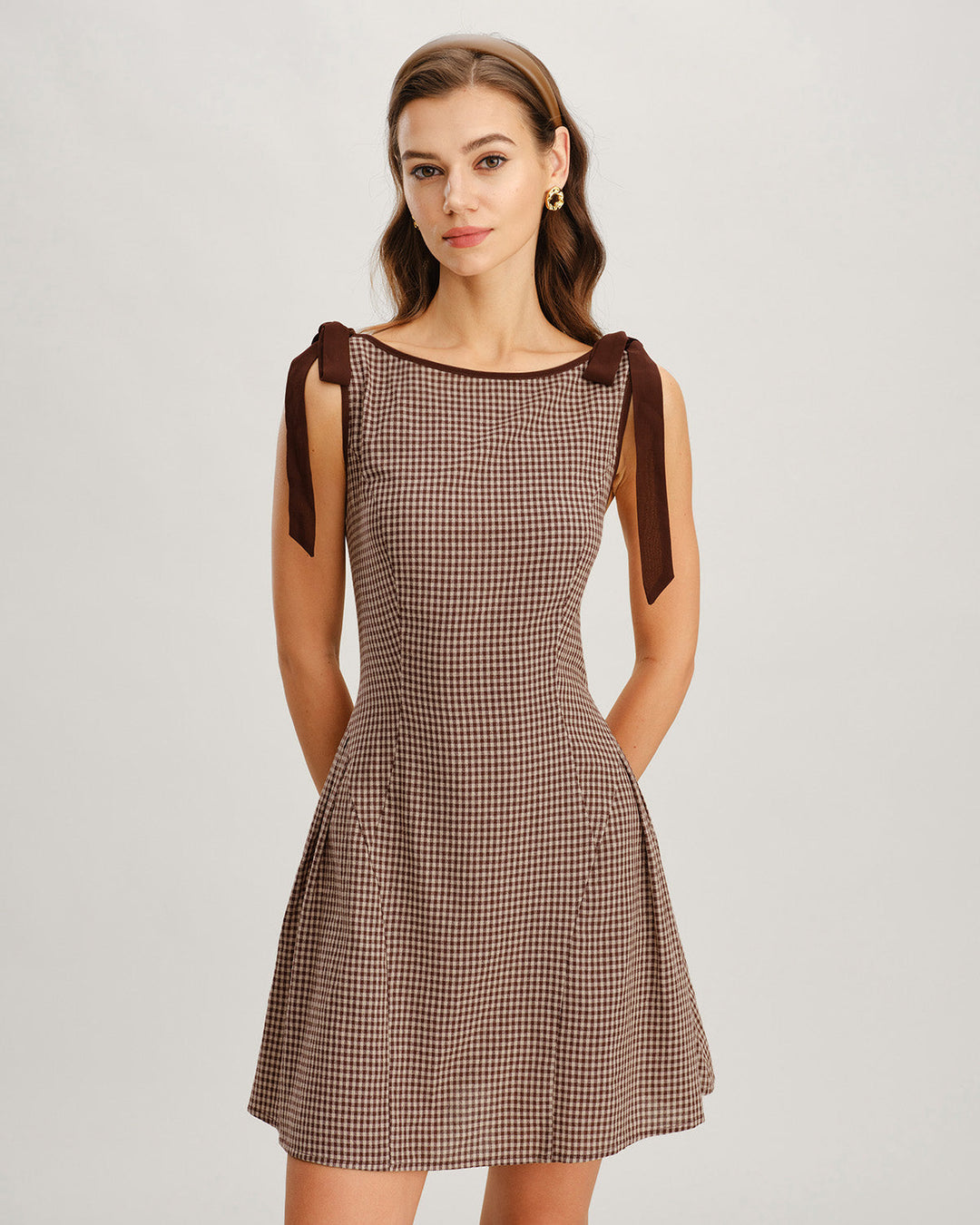Robe Mini à Bretelles en Vichy Marron