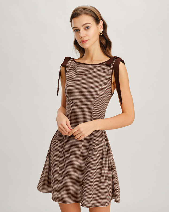 Robe Mini à Bretelles en Vichy Marron