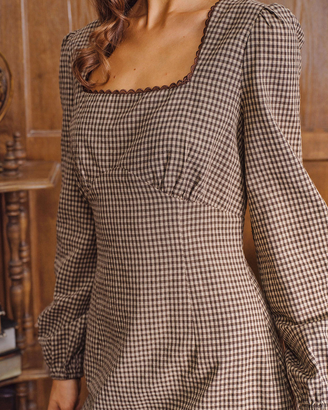 Robe Mini A-line à Encolure Carrée à Carreaux Marron