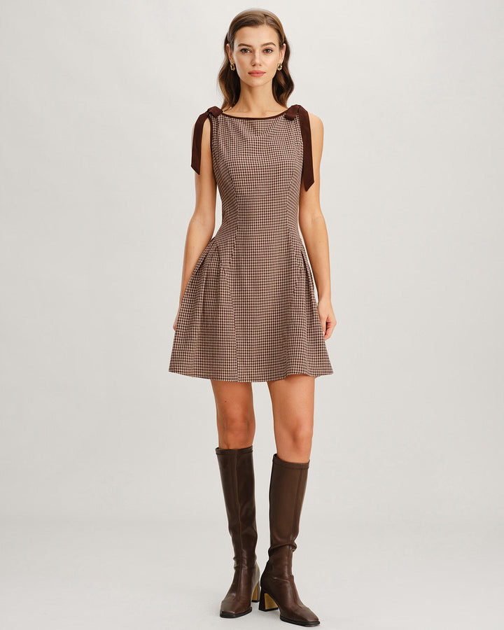 Robe Mini à Bretelles en Vichy Marron