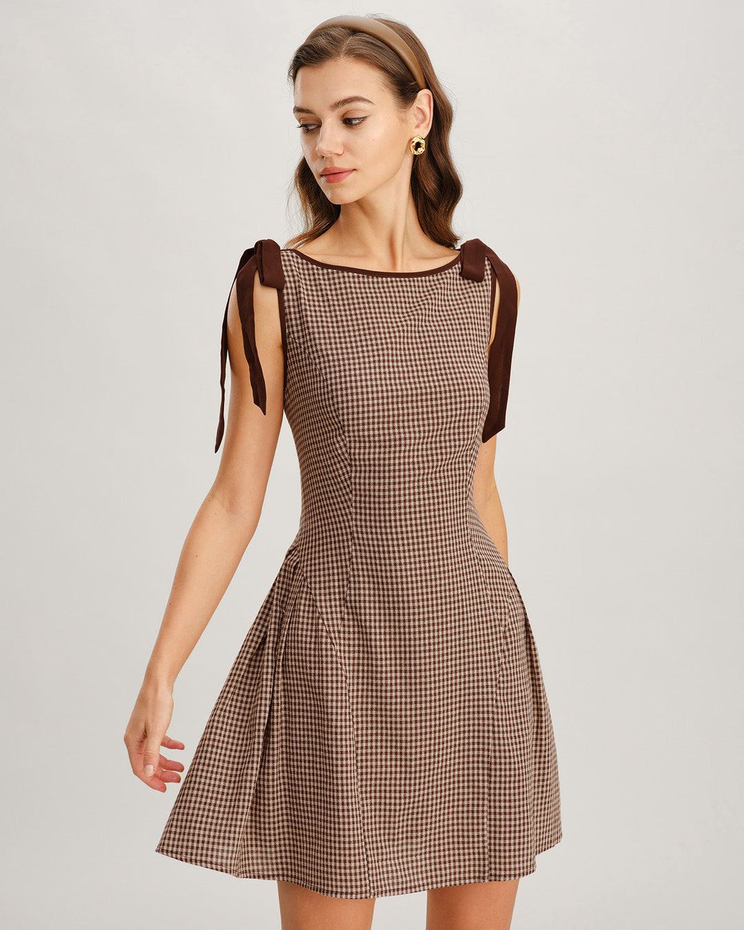 Robe Mini à Bretelles en Vichy Marron