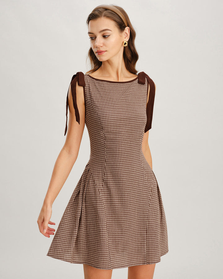 Robe Mini à Bretelles en Vichy Marron
