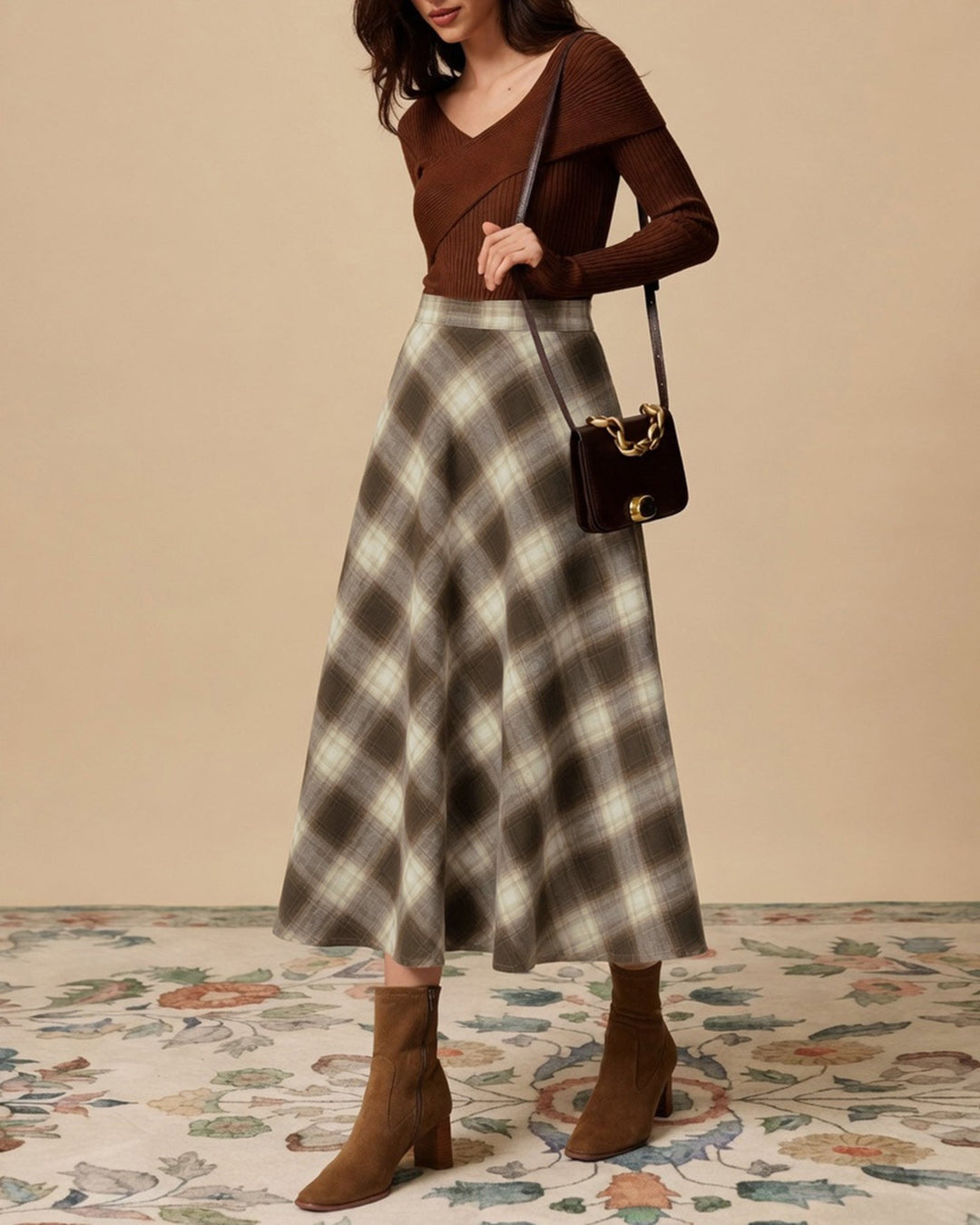 Jupe Midi à Carreaux avec Taille Élastique Marron