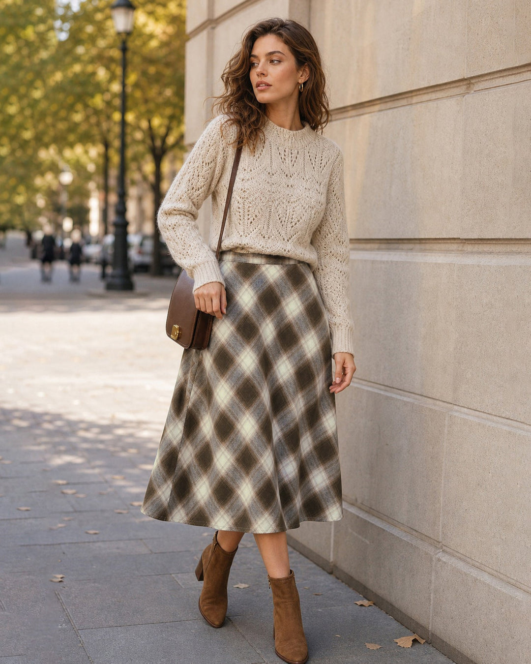 Jupe Midi à Carreaux avec Taille Élastique Marron