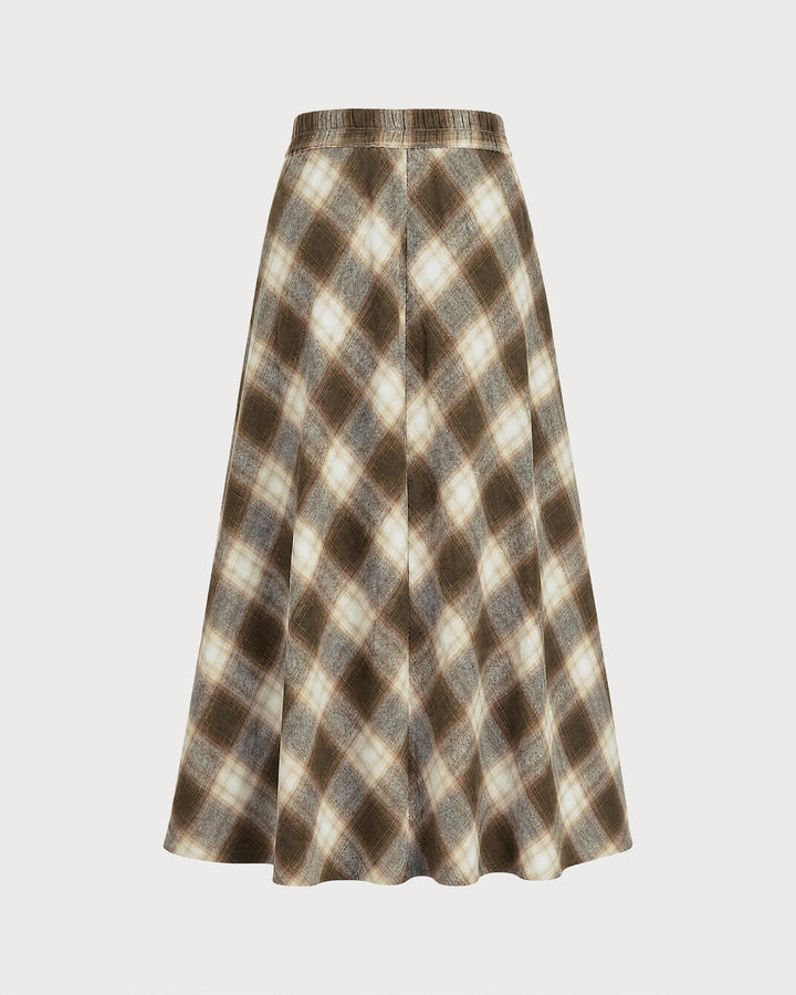 Jupe Midi à Carreaux avec Taille Élastique Marron
