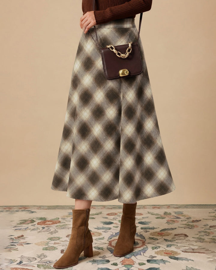 Jupe Midi à Carreaux avec Taille Élastique Marron