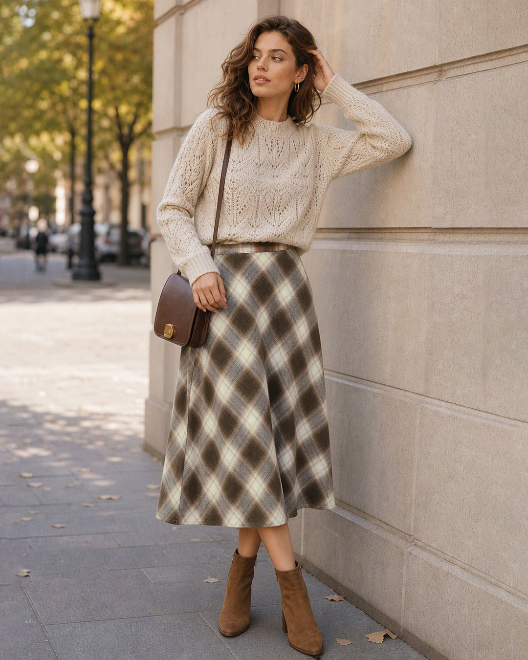 Jupe Midi à Carreaux avec Taille Élastique Marron