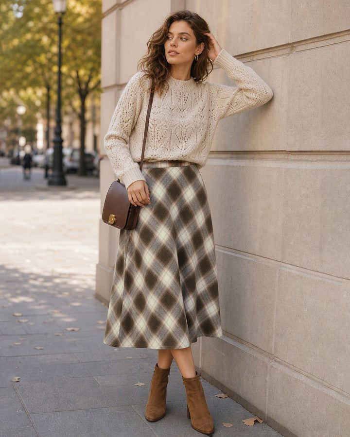 Jupe Midi à Carreaux avec Taille Élastique Marron